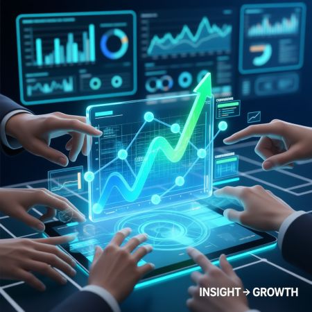 High-tech visual of a digital marketing team analyzing an interactive growth chart and performance metrics for client pipeline scaling.